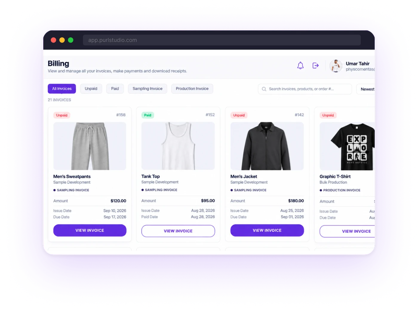 Billing dashboard showing invoice status, amounts and due dates with online card payment