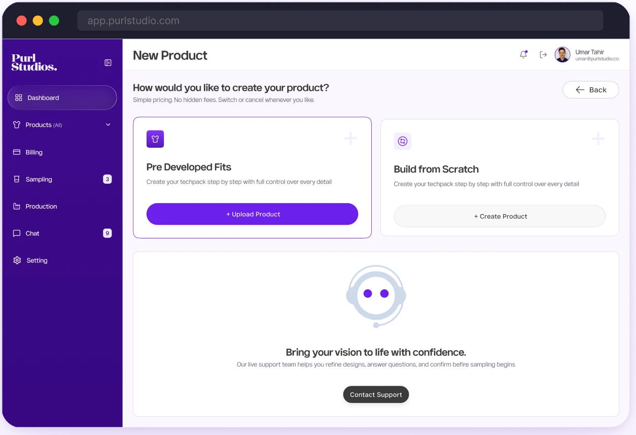 Creating a new custom garment product in the Purl Studios tech pack builder