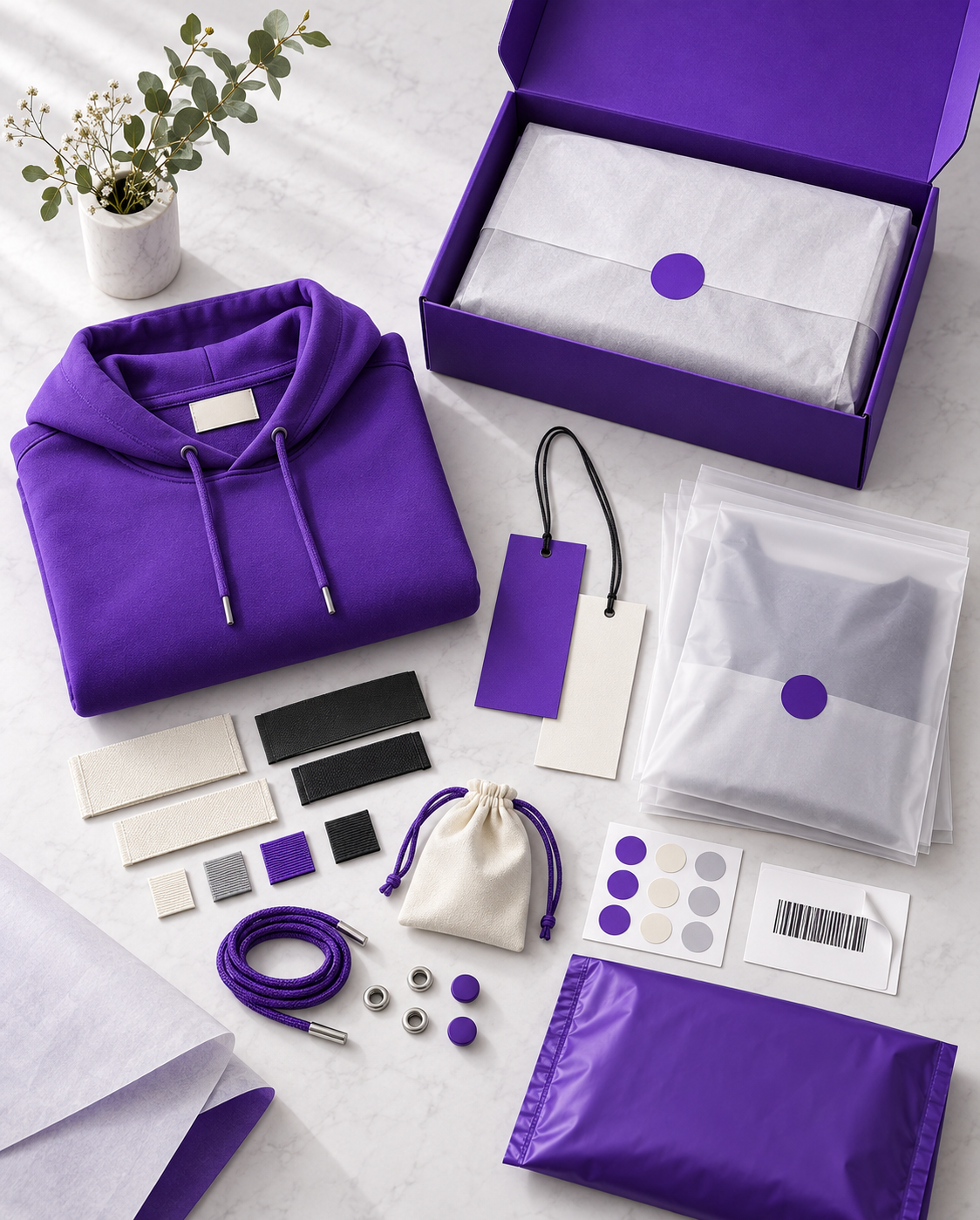 Custom branding and packaging flatlay