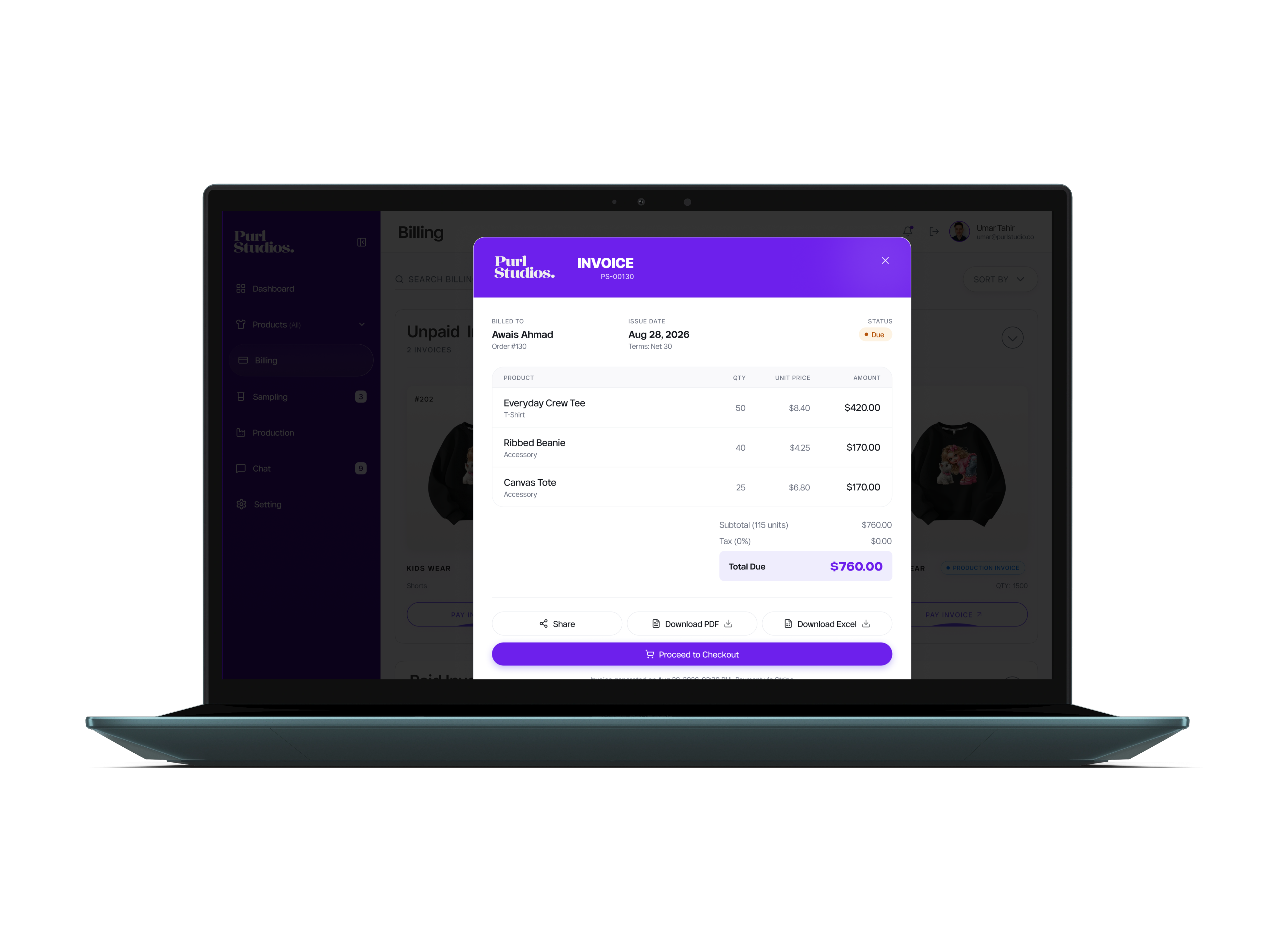Billing and invoice screen