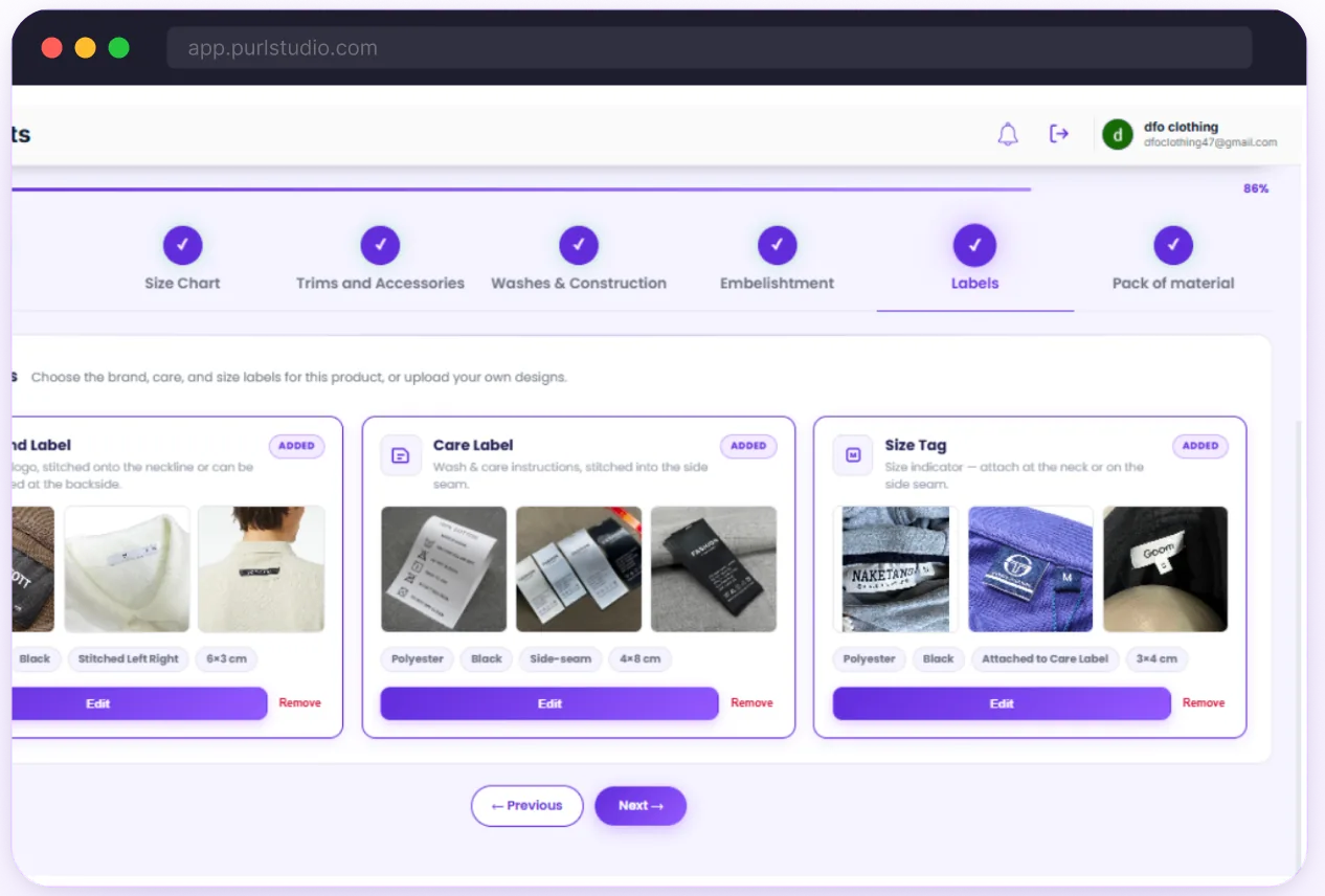 Selecting and positioning custom brand, care and size labels on a garment in the platform