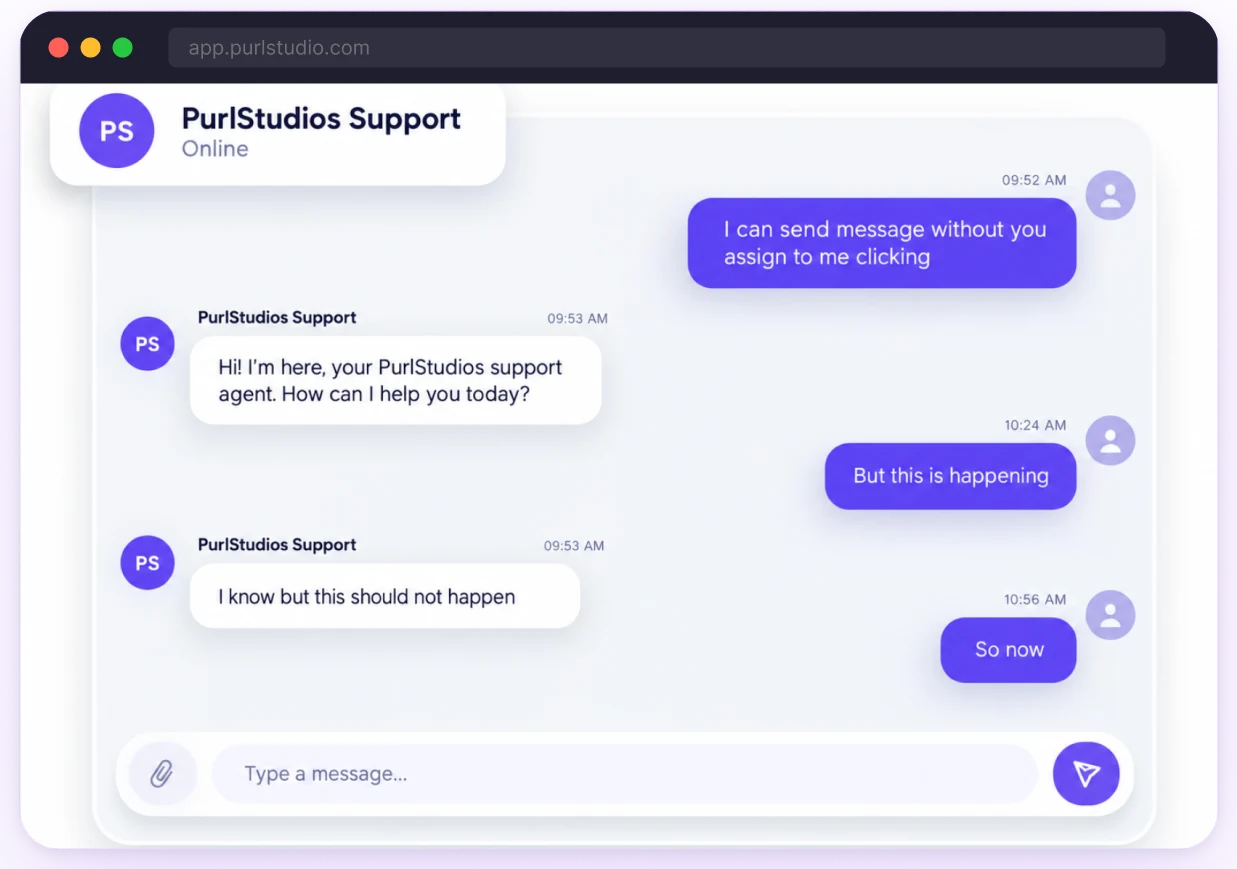 Built-in support chat connecting brands with the Purl Studios team at every production stage