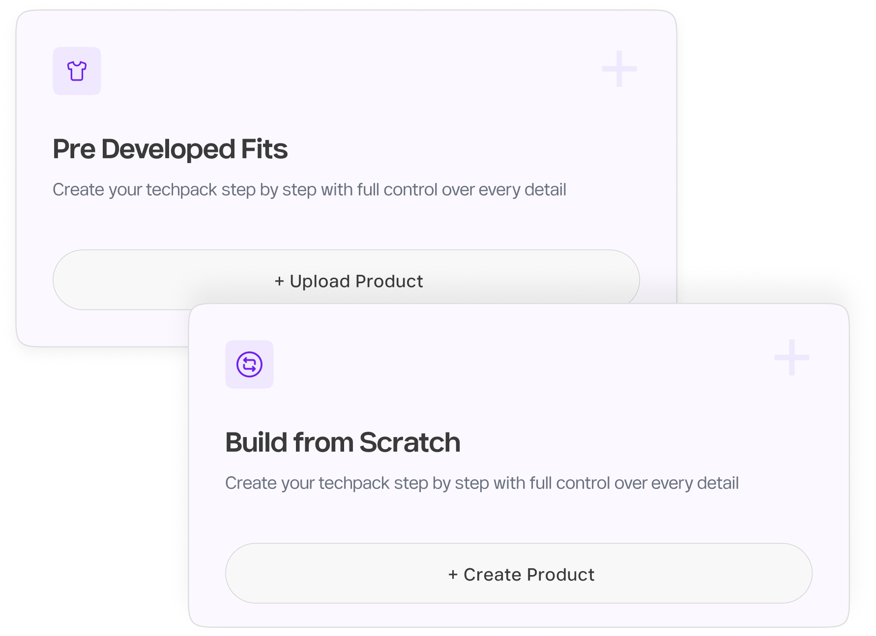 Pre Developed Fits and Build from Scratch product creation cards