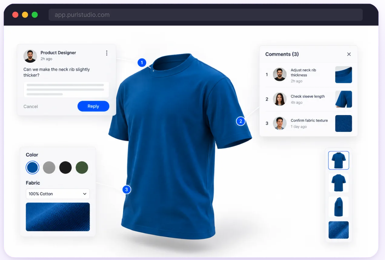 Pre-production garment sample approval screen in the Purl Studios dashboard