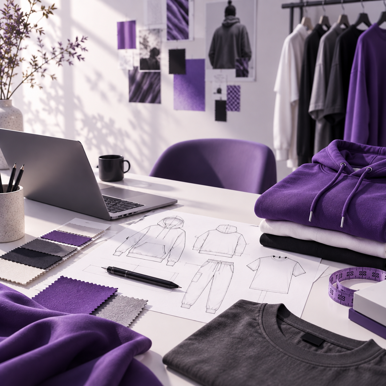 Design desk with fabric swatches