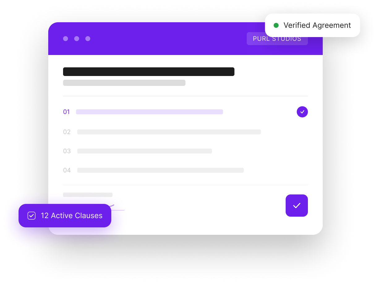 A Purl Studios agreement with twelve active clauses, verified