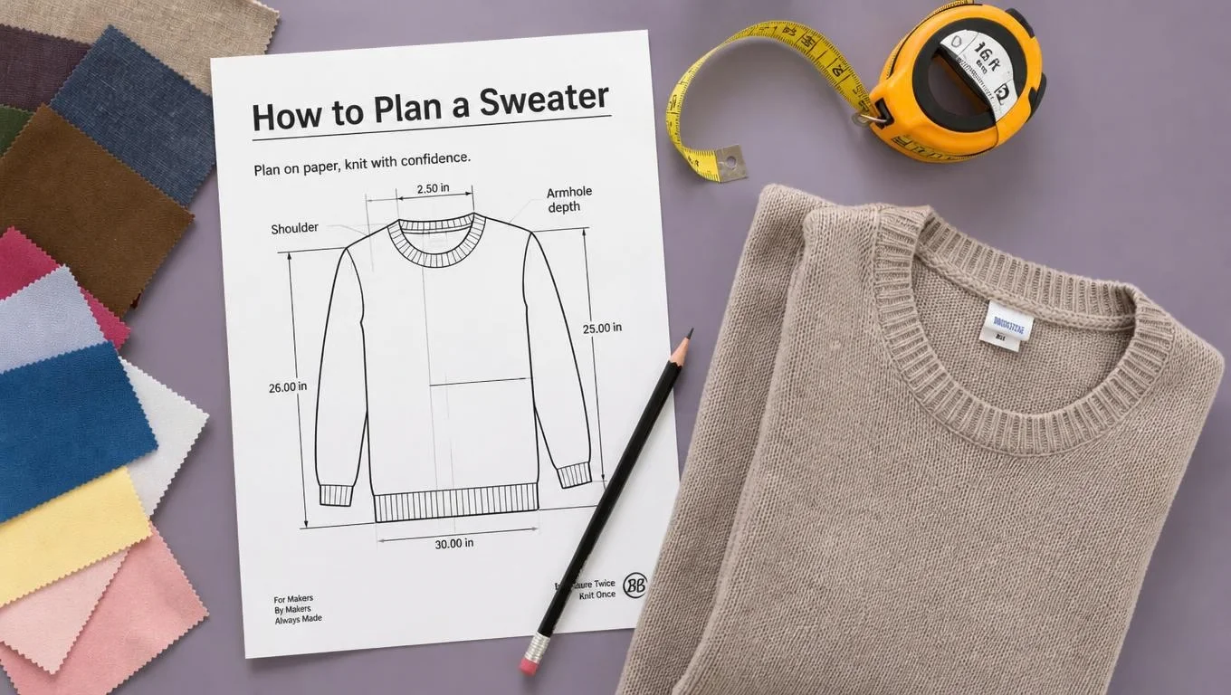 Fashion tech pack with flat sketch, measurements, and fabric swatches next to a finished knit garment.