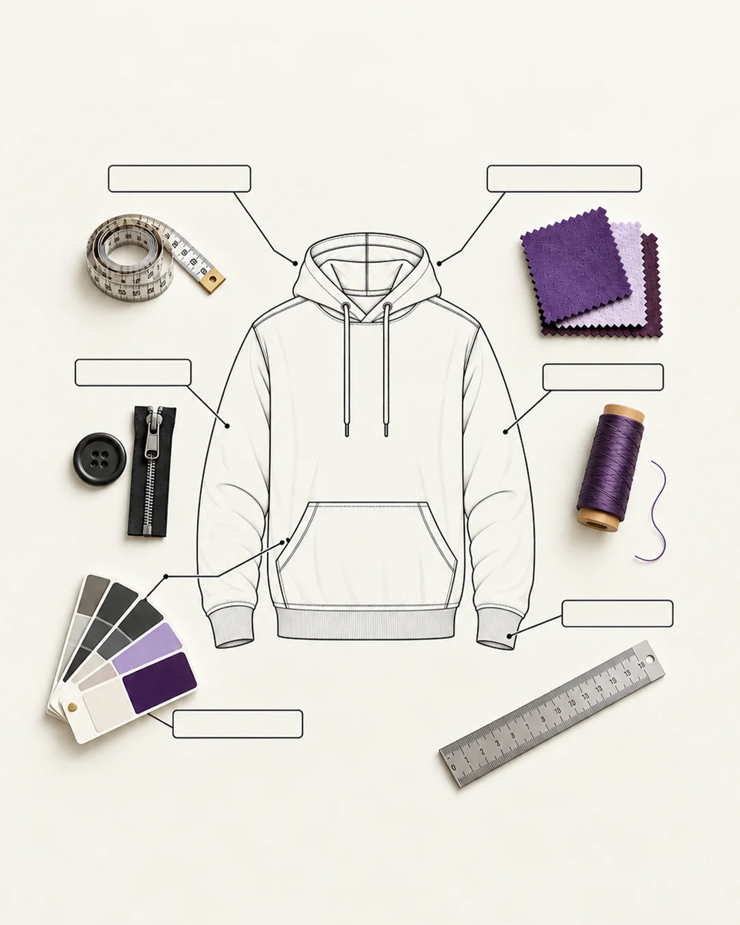 Custom hoodie design illustration with fabric swatches, measuring tape, zipper, button, sewing thread, colour palette, and ruler arranged around the hoodie.